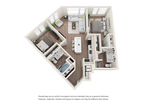 Floor plan for 2 beds, 2 baths, 1015 sqft